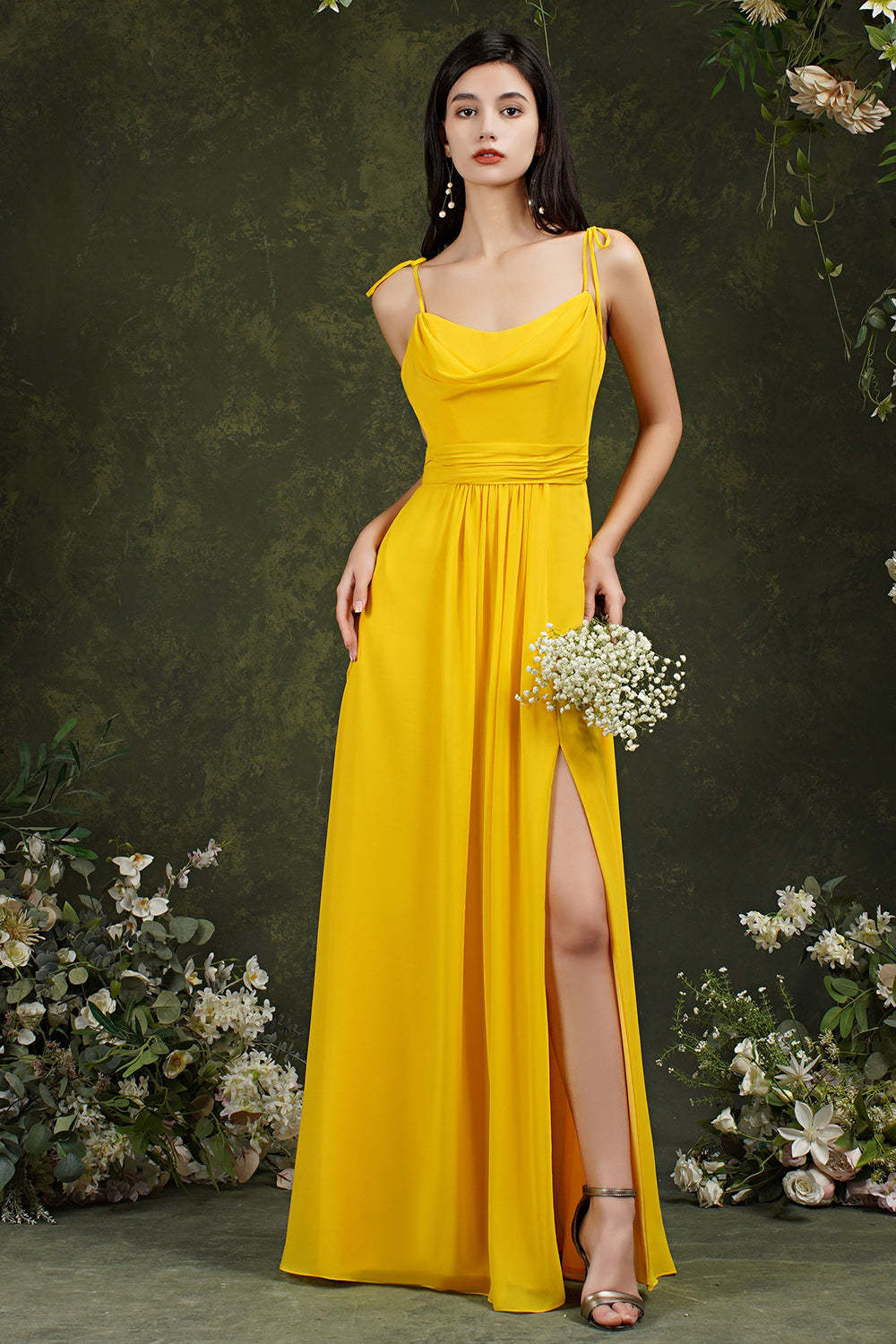 Chicloth Spaghetti-Straps Bridesmaid Dress Chiffon With Slit