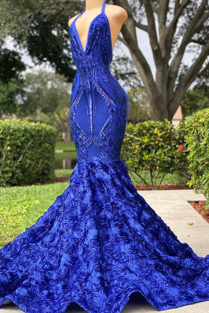 Chicloth Royal Blue Mermaid Prom Dress Spaghetti-Straps V-Neck With Flowers Bottom