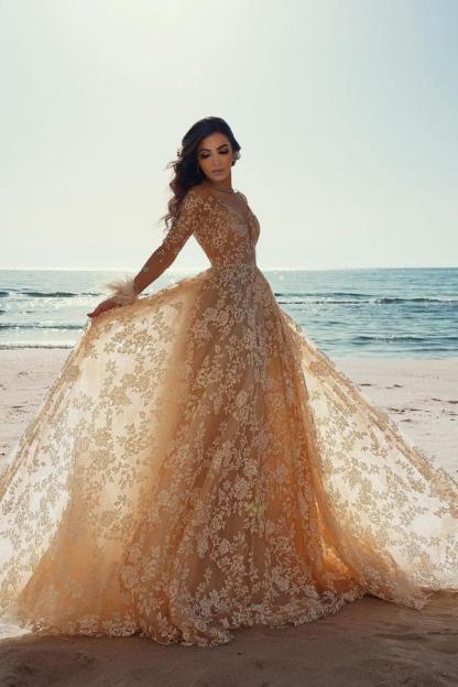 Chicloth Long Sleeves V-Neck Champagne Wedding Dress Beach With Appliques