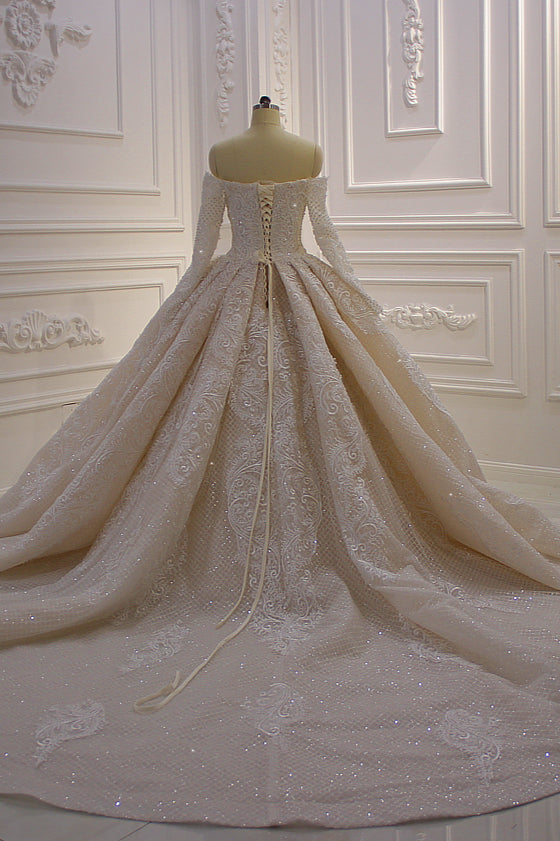 Chicloth Gorgeous Ball Gown Strapless Sequins Wedding Dress Long Sleeves Tulle Lace Bridal Gowns On Sale