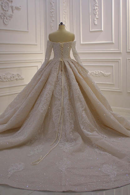 Chicloth Gorgeous Ball Gown Strapless Sequins Wedding Dress Long Sleeves Tulle Lace Bridal Gowns On Sale