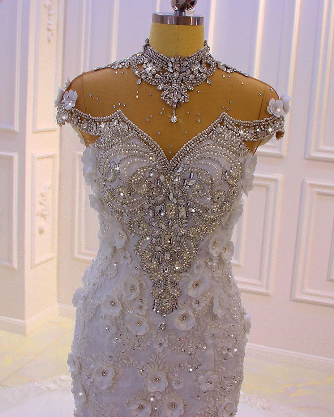 Off the shoulder sweetheart gems luxury flowers wedding dress