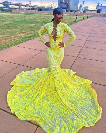Shiny Yellow Long Sleeves V-Neck Prom Dress