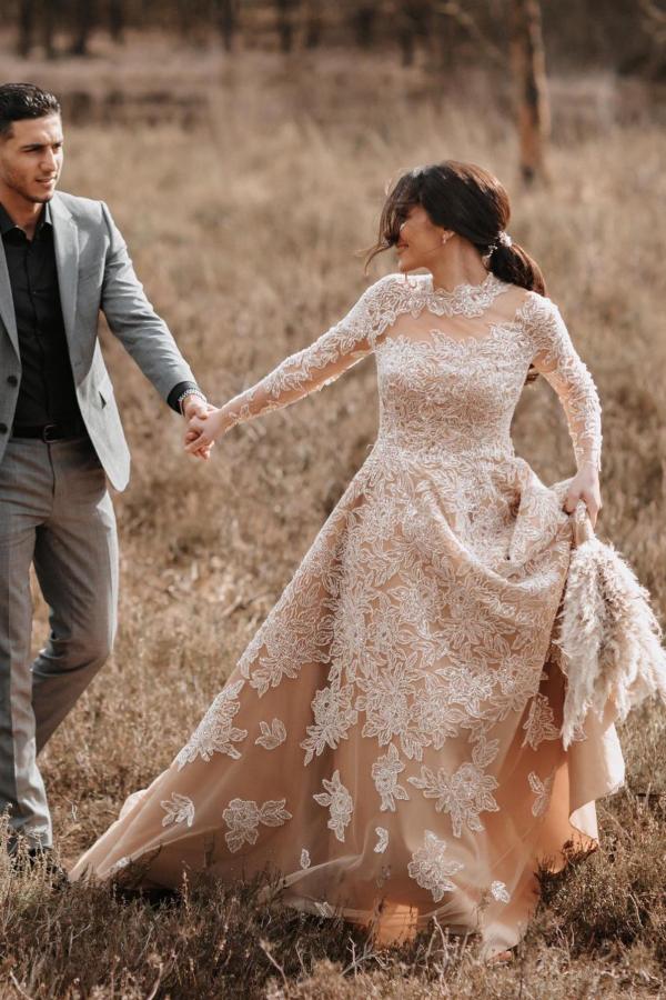 Chicloth Champagne Long Sleeves Wedding Dress Ball Gown With Appliques