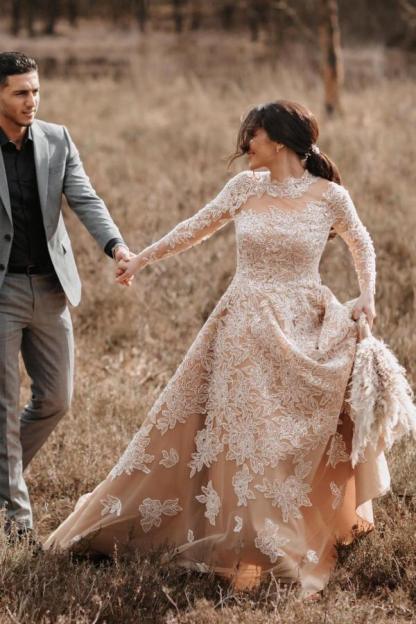 Chicloth Champagne Long Sleeves Wedding Dress Ball Gown With Appliques
