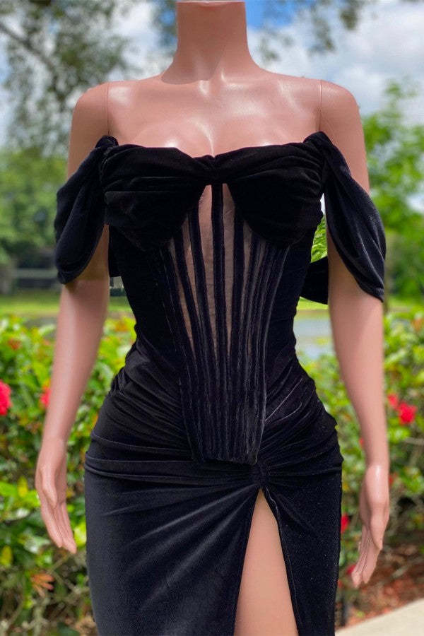 Chicloth Off-the-Shoulder Black Prom Dress Velvet With Slit