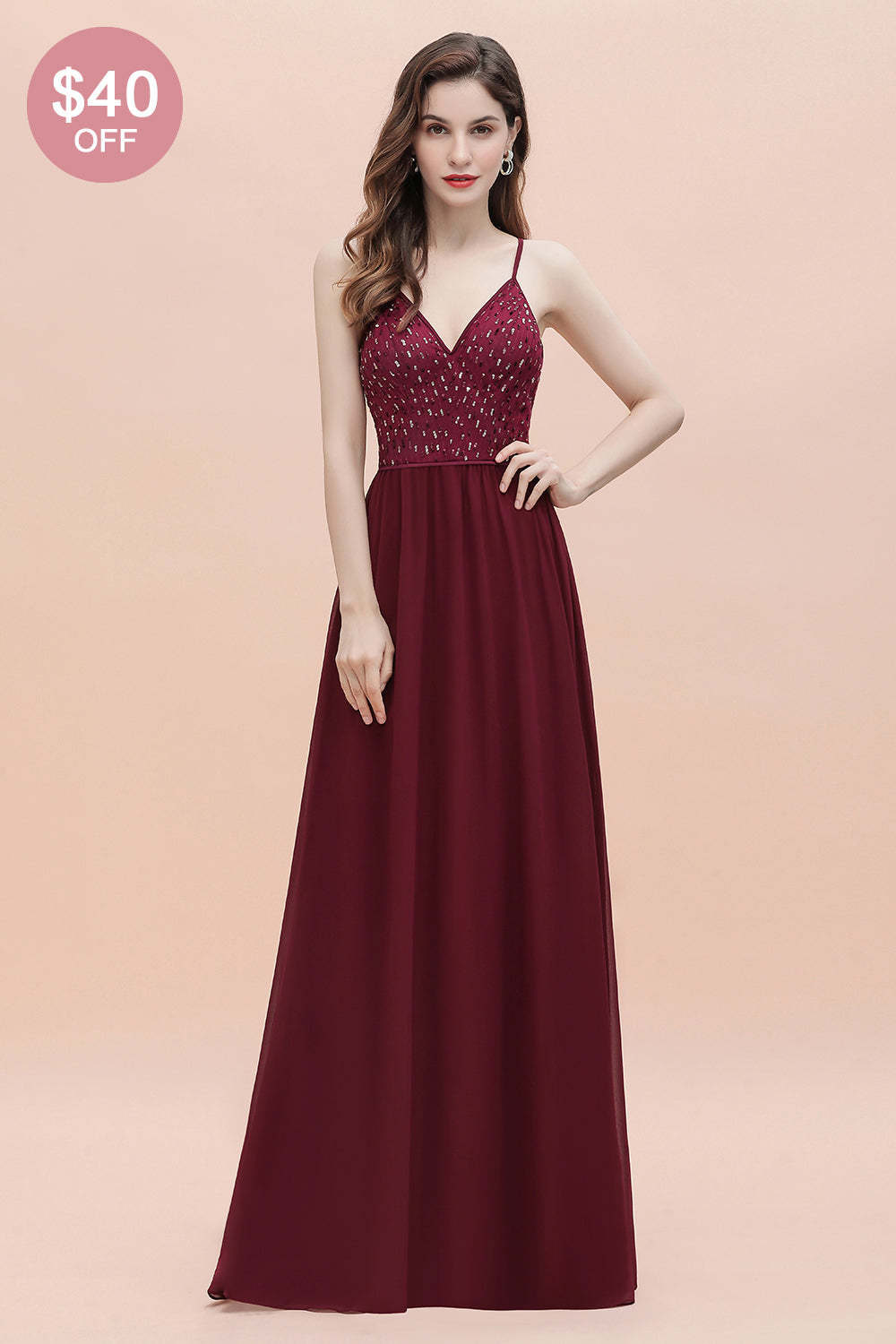 Chicloth Fabulous A-line Burgundy Chiffon Bridesmaid Dress V-Neck Spaghetti Straps Sequins Evening Dress