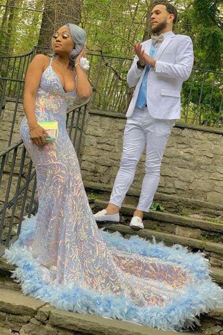 Chicloth V-Neck Sleeveless Prom Dress Mermaid Sequins With Feather