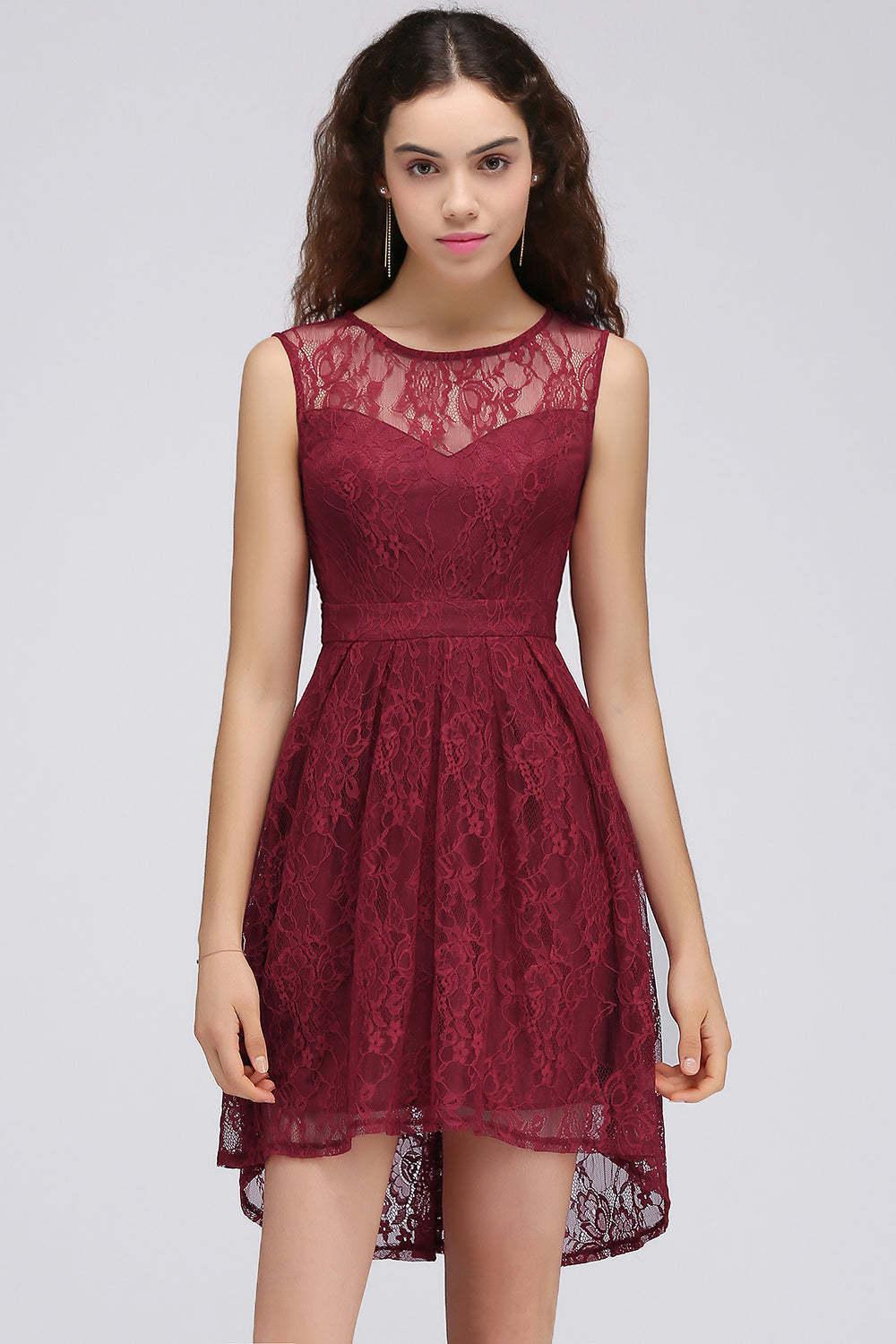Chicloth A-Line Round Neck Short Lace Burgundy Homecoming Dress