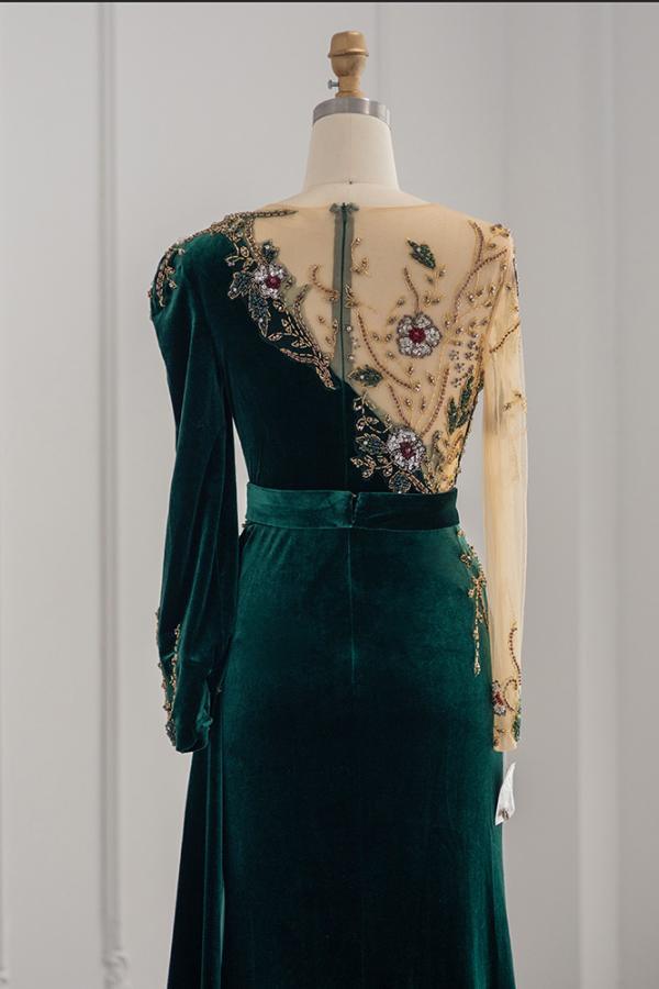 Chicloth Long Sleeves Mermaid Evening Dresses Dark Green With Crystals