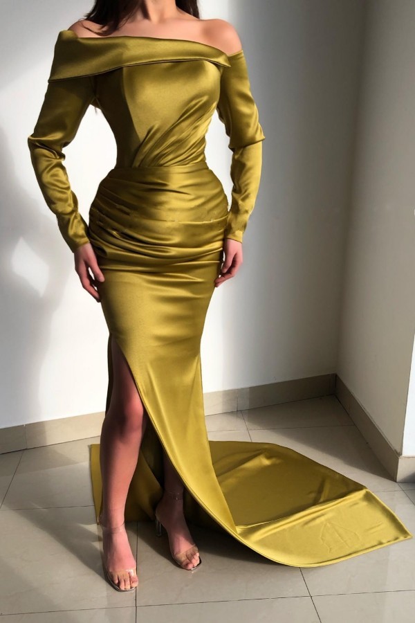 Off-the-Shoulder Long Sleeves Blonde High Split Mermaid Prom Dress