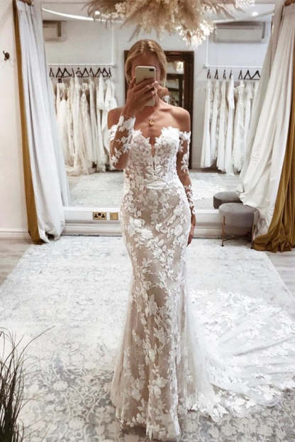 Chicloth Long Sleeves Wedding Dress Mermaid With Lace Appliques