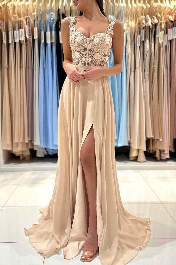 Chicloth Straps Square Prom Dress Champagne Slit With Appliques