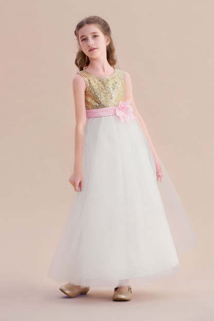 Chicloth A-Line Sequins Tulle High-waisted Flower Girl Dress On Sale