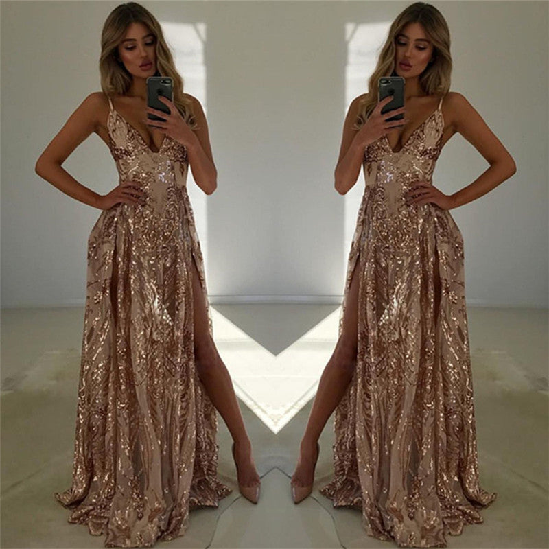 Chicloth Spaghetti-Straps V-Neck Prom Dress Sequins Split Sleeveless Evening Gown