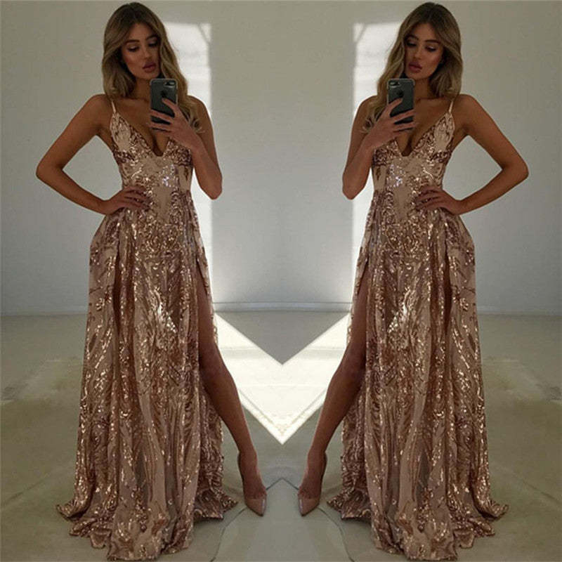 Chicloth Spaghetti-Straps V-Neck Prom Dress Sequins Split Sleeveless Evening Gown