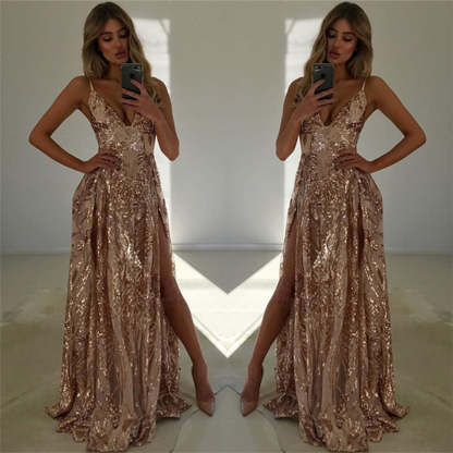 Chicloth Spaghetti-Straps V-Neck Prom Dress Sequins Split Sleeveless Evening Gown
