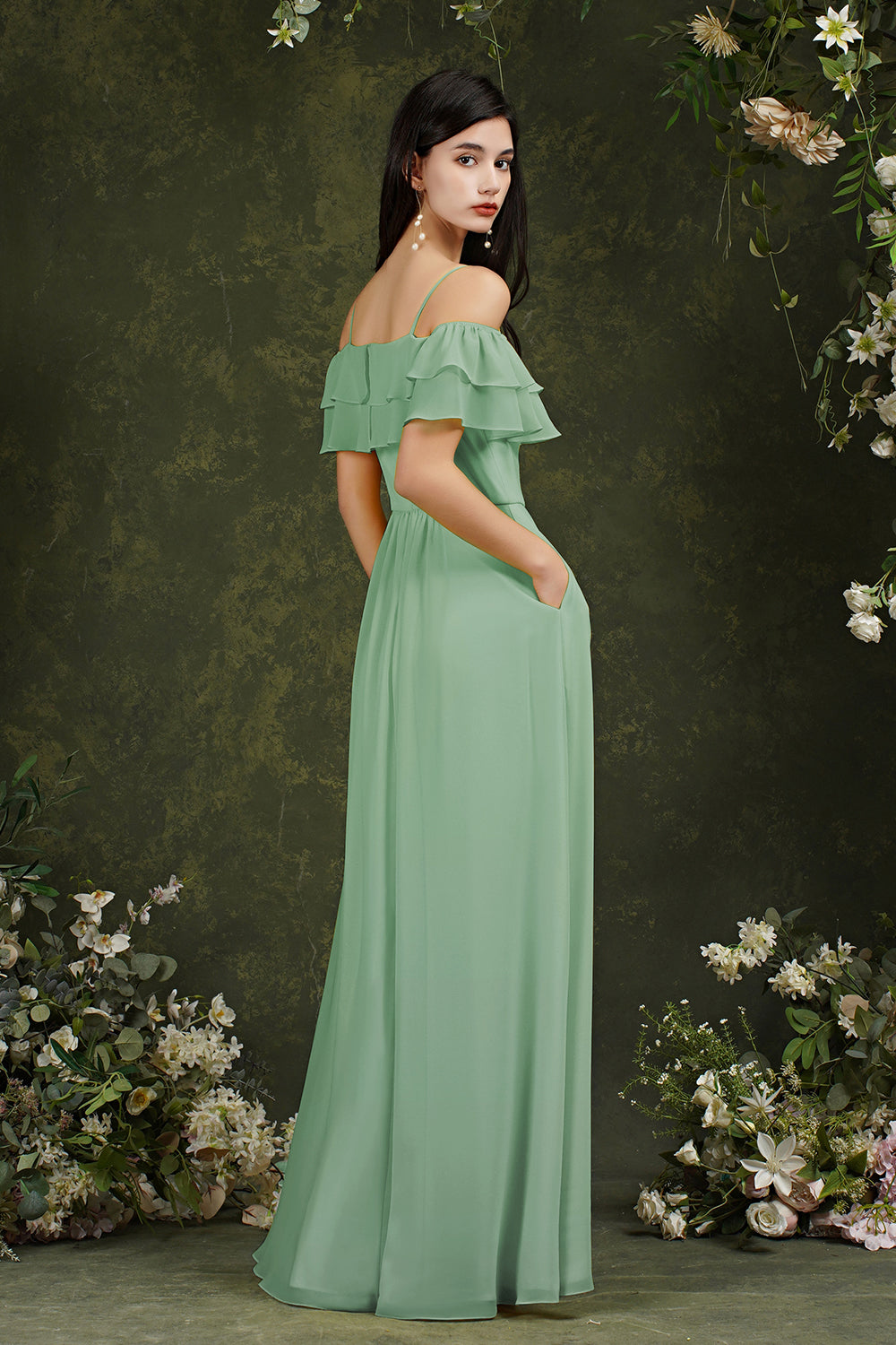 Chicloth Off-the-Shoulder Bridesmaid Dress Ruffles With Slit