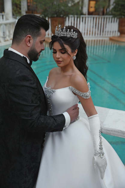 Chicloth Off-the-Shoulder Ball Gown Wedding Dress With Beads