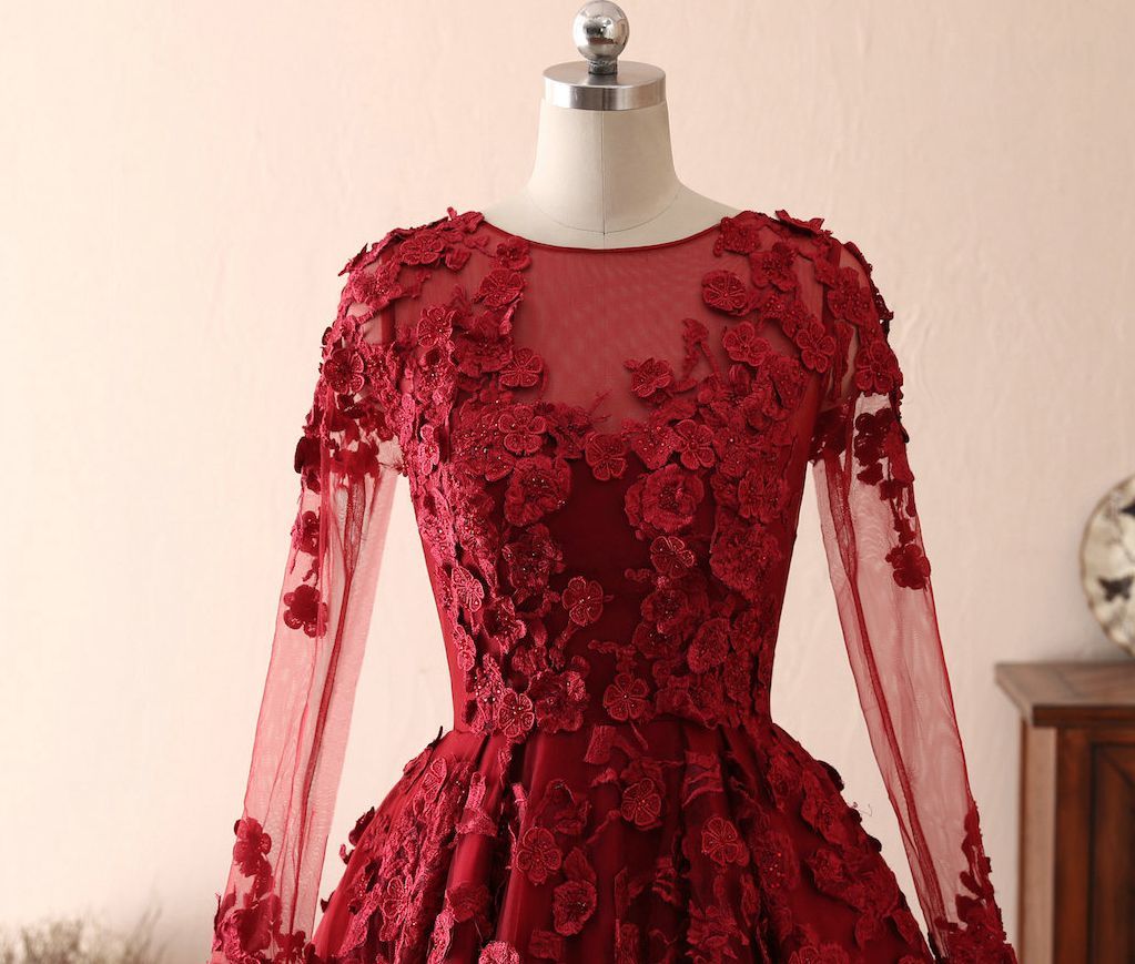 Chicloth Elegant Long Sleeve Burgundy Prom Dress Lace Evening Gowns
