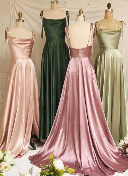A-Line Cowl Neck Satin Bridesmaid Dresses With Spaghetti Straps And High Split