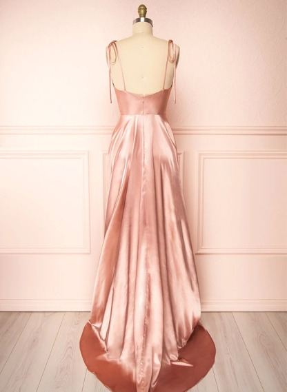 A-Line Cowl Neck Satin Bridesmaid Dresses With Spaghetti Straps And High Split