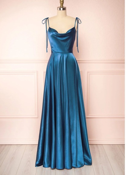 A-Line Cowl Neck Satin Bridesmaid Dresses With Spaghetti Straps And High Split