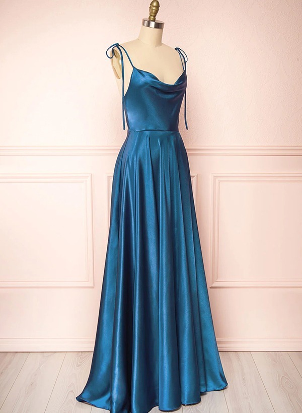 A-Line Cowl Neck Satin Bridesmaid Dresses With Spaghetti Straps And High Split
