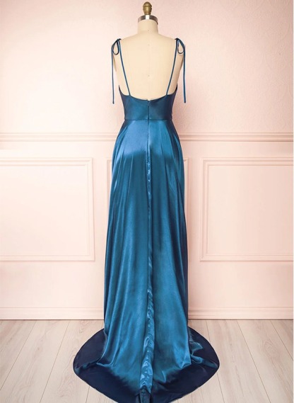 A-Line Cowl Neck Satin Bridesmaid Dresses With Spaghetti Straps And High Split