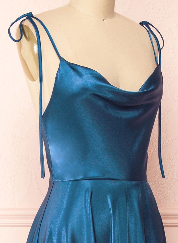 A-Line Cowl Neck Satin Bridesmaid Dresses With Spaghetti Straps And High Split