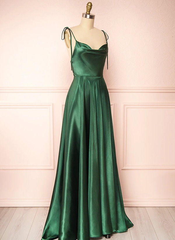 A-Line Cowl Neck Satin Bridesmaid Dresses With Spaghetti Straps And High Split