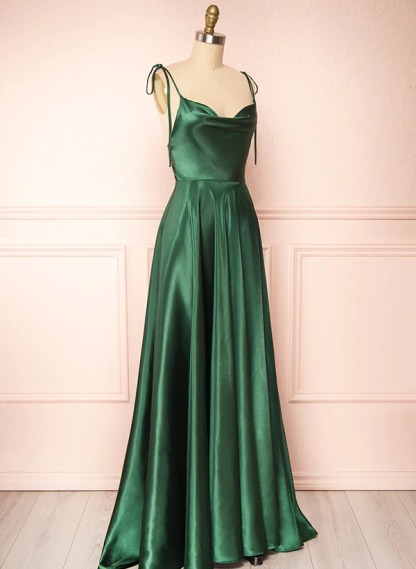 A-Line Cowl Neck Satin Bridesmaid Dresses With Spaghetti Straps And High Split