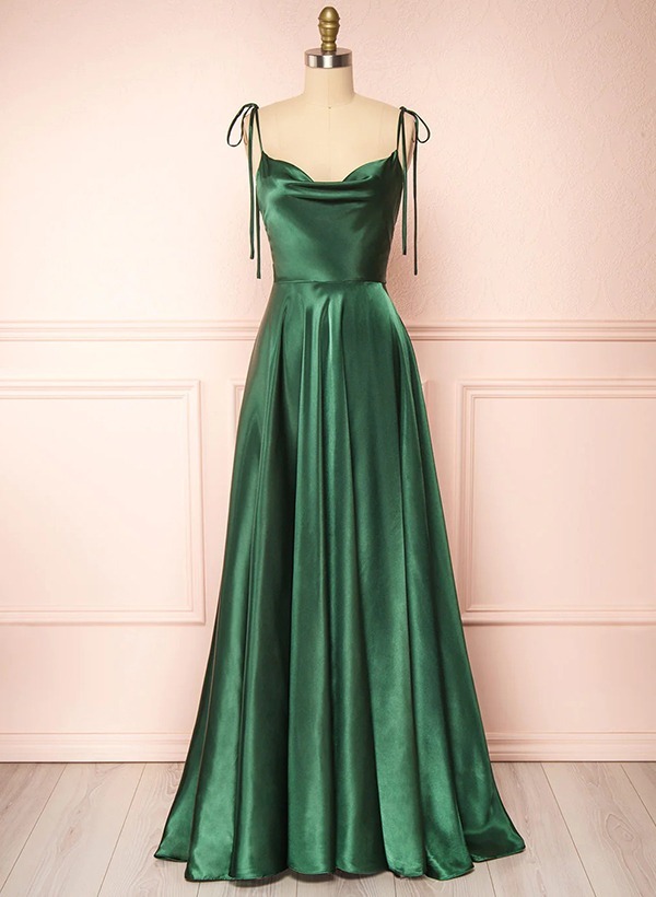 A-Line Cowl Neck Satin Bridesmaid Dresses With Spaghetti Straps And High Split