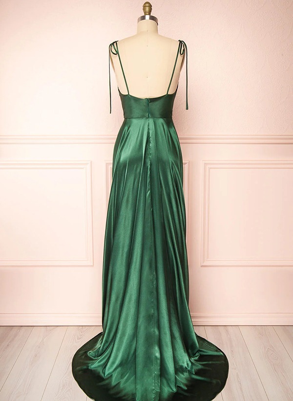 A-Line Cowl Neck Satin Bridesmaid Dresses With Spaghetti Straps And High Split