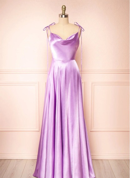A-Line Cowl Neck Satin Bridesmaid Dresses With Spaghetti Straps And High Split