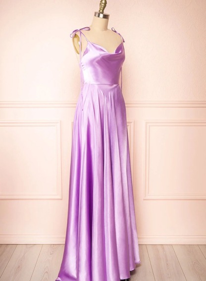 A-Line Cowl Neck Satin Bridesmaid Dresses With Spaghetti Straps And High Split