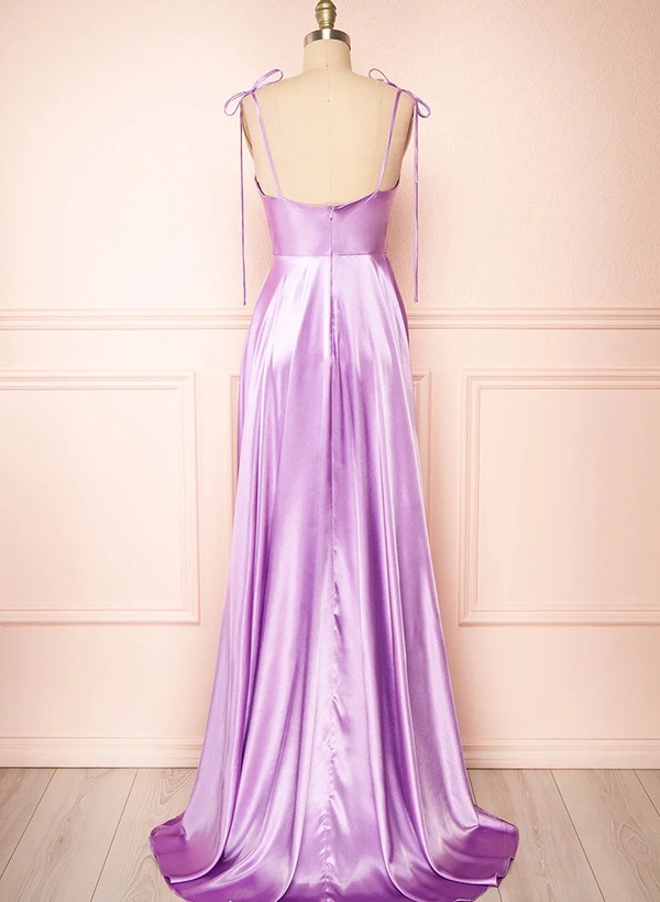 A-Line Cowl Neck Satin Bridesmaid Dresses With Spaghetti Straps And High Split
