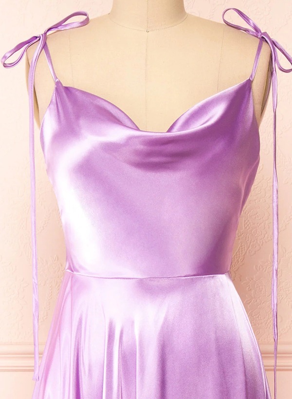 A-Line Cowl Neck Satin Bridesmaid Dresses With Spaghetti Straps And High Split