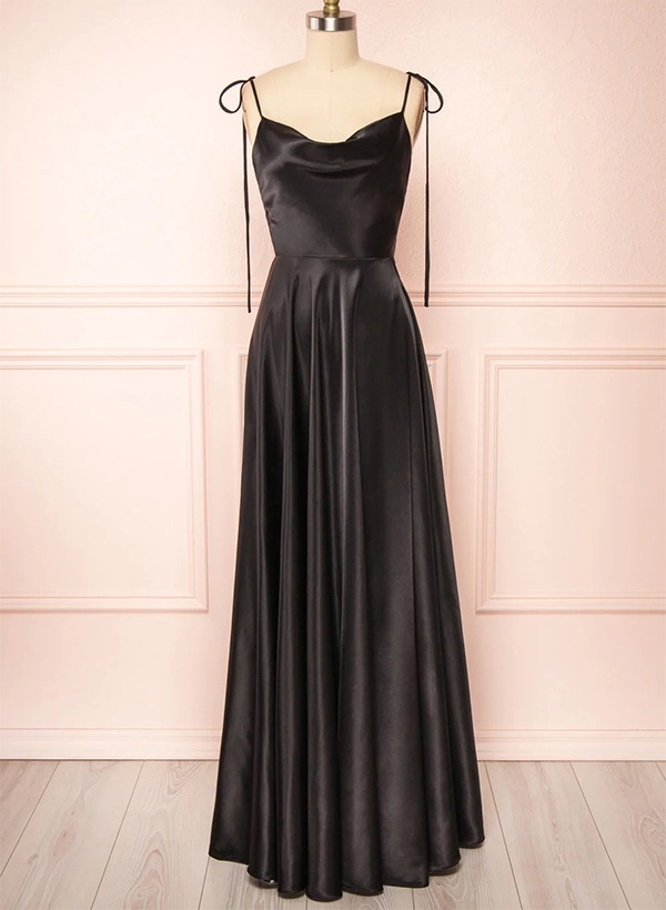 A-Line Cowl Neck Satin Bridesmaid Dresses With Spaghetti Straps And High Split