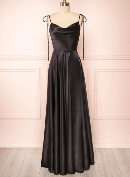 A-Line Cowl Neck Satin Bridesmaid Dresses With Spaghetti Straps And High Split