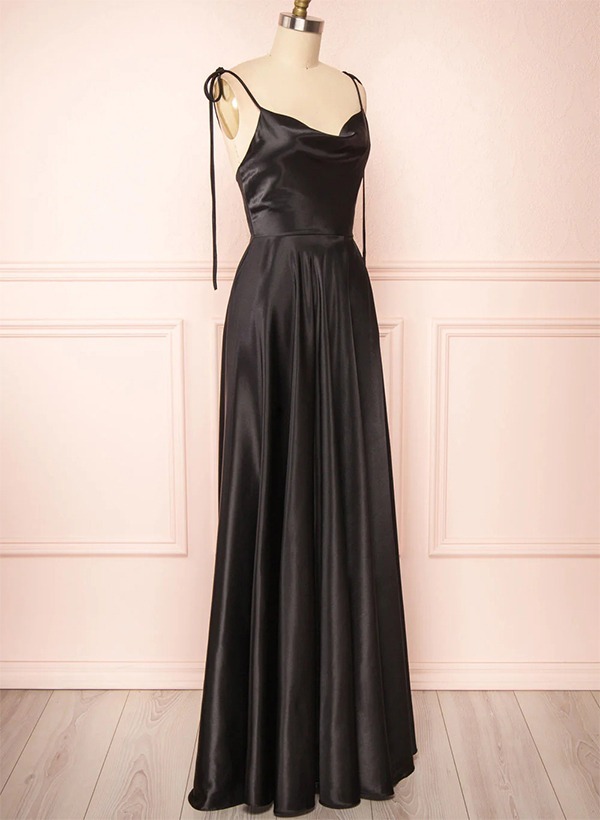 A-Line Cowl Neck Satin Bridesmaid Dresses With Spaghetti Straps And High Split