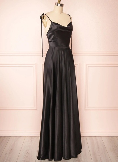 A-Line Cowl Neck Satin Bridesmaid Dresses With Spaghetti Straps And High Split