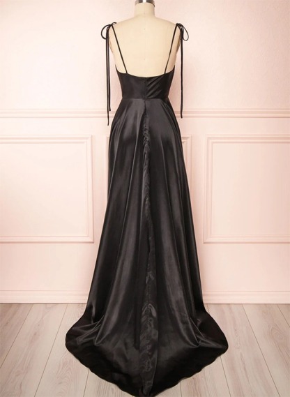A-Line Cowl Neck Satin Bridesmaid Dresses With Spaghetti Straps And High Split