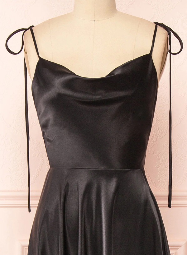A-Line Cowl Neck Satin Bridesmaid Dresses With Spaghetti Straps And High Split