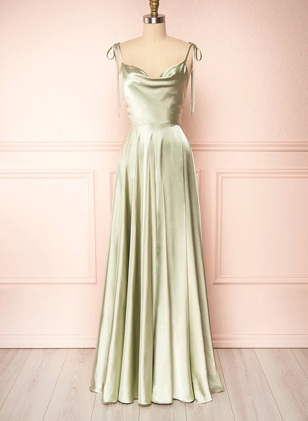 A-Line Cowl Neck Satin Bridesmaid Dresses With Spaghetti Straps And High Split