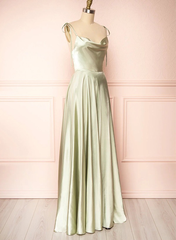A-Line Cowl Neck Satin Bridesmaid Dresses With Spaghetti Straps And High Split