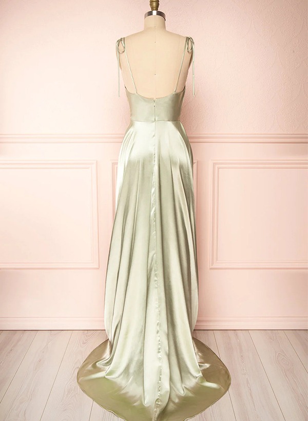 A-Line Cowl Neck Satin Bridesmaid Dresses With Spaghetti Straps And High Split