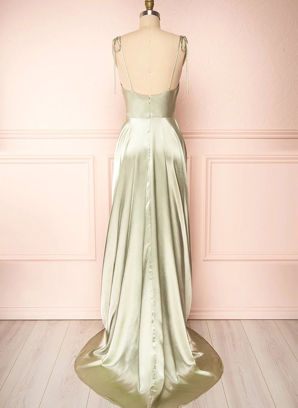 A-Line Cowl Neck Satin Bridesmaid Dresses With Spaghetti Straps And High Split