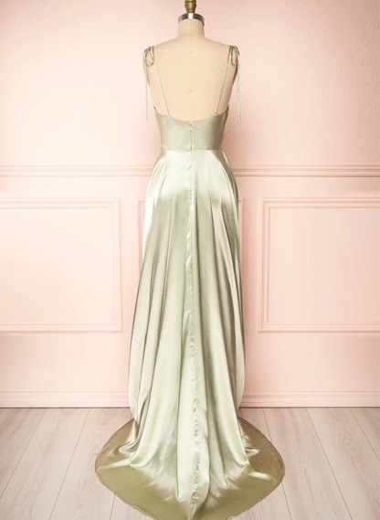 A-Line Cowl Neck Satin Bridesmaid Dresses With Spaghetti Straps And High Split
