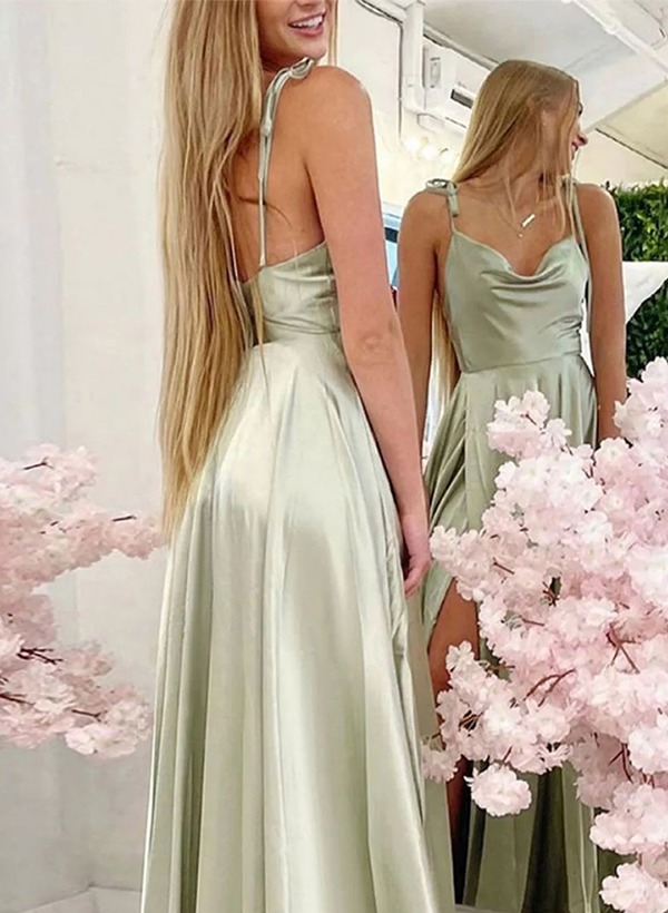 A-Line Cowl Neck Satin Bridesmaid Dresses With Spaghetti Straps And High Split